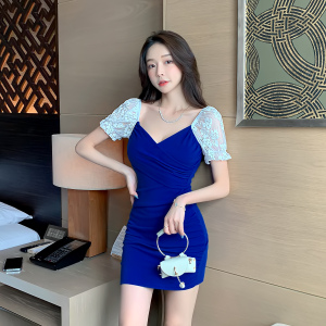 Off shoulder lace stitched tight Hip Wrap Dress