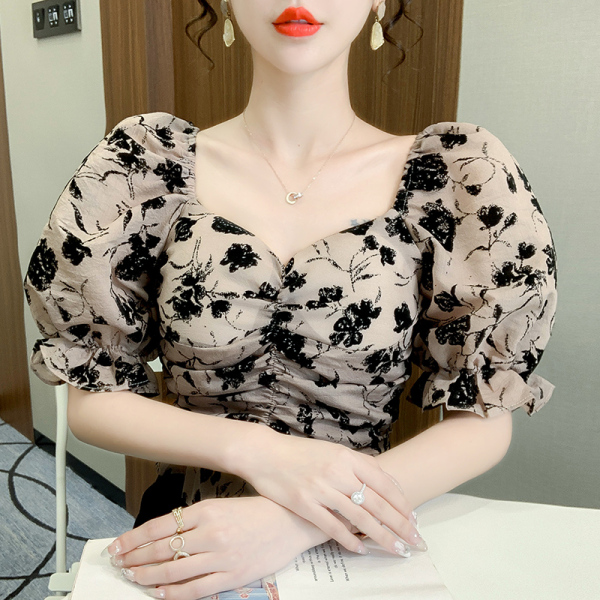 RM15885#夏季韩版一字肩方领显瘦上衣法式高级感荷叶边碎花短袖女