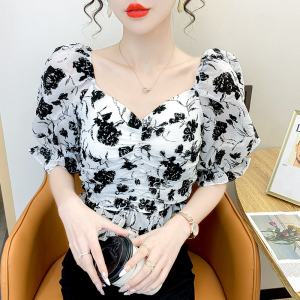 RM15885#夏季韩版一字肩方领显瘦上衣法式高级感荷叶边碎花短袖女