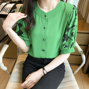 PS22280# 绿色衬衫女夏季新款印花短袖上衣雪纺衫设计感小众潮 服装批发女装直播货源