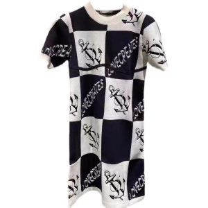 PS21955# 夏季新款黑白格子图案高腰针织字母刺绣短袖连衣裙女 服装批发女装直播货源