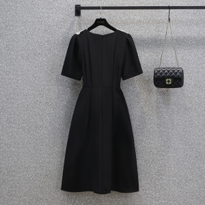 KM15933#夏季法式复古V领赫本风气质长款黑色大码连衣裙M-4XL200斤