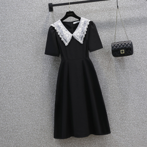 KM15933#夏季法式复古V领赫本风气质长款黑色大码连衣裙M-4XL200斤