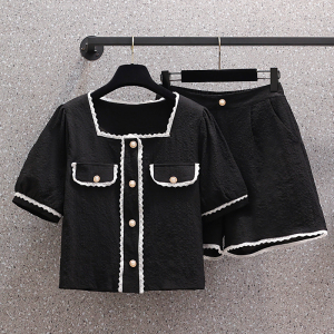 PS59154# 大码女装夏季新款气质上衣短裤两件套时尚显瘦小香风套装