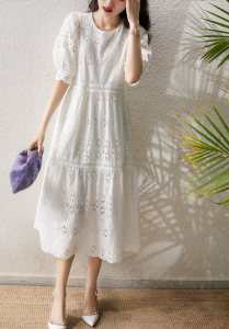 PS35951# 法式小众甜美泡泡袖短袖白色纯棉连衣裙 服装批发女装直播货源