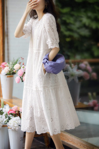 PS35951# 法式小众甜美泡泡袖短袖白色纯棉连衣裙 服装批发女装直播货源