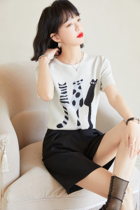 RM825#针织短袖T恤女士 新款猫咪提花洋气宽松半袖薄款冰丝上衣