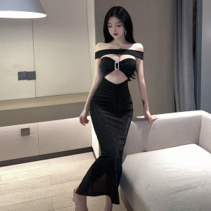 Pure black cut-out sexy slim high waist fashion dress woman
