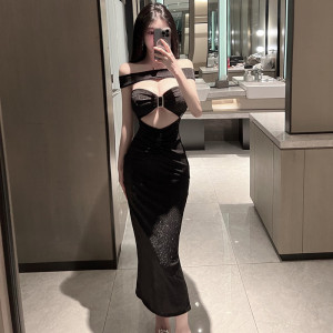 Pure black cut-out sexy slim high waist fashion dress woman