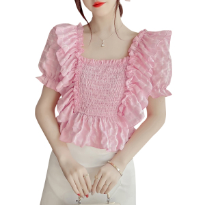 PS30089# 夏季新款韩版方领短袖褶皱短款上衣女 服装批发女装直播货源