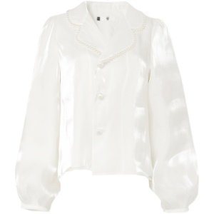 KM19844#新款时尚女装气质珍珠领灯笼袖光面OL风丝滑感白色衬衫