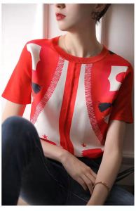 PS23668# 红色印花雪纺拼接针织T恤女装夏季新款百搭时尚气质上衣 服装批发女装直播货源