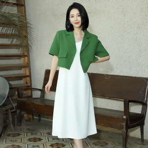 PS34565# 夏装短袖扣子西装外套绿色短款开衫+V领吊带连衣裙长裙女