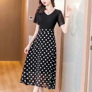 RM16022#夏雪纺时尚高端显瘦收腰气质女神范裙子黑色波点假两件连衣裙
