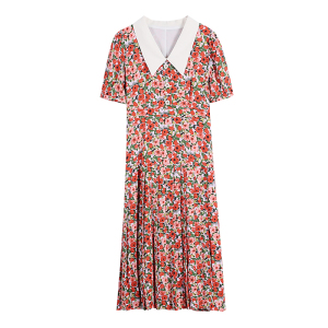 RM3489#短袖法式复古碎花裙女小个子夏季设计感小众娃娃领雪纺连衣裙