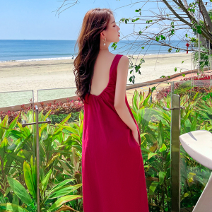 KM23432#夏海边度假风露背性感显瘦吊带裙三亚沙滩裙法式连衣裙长裙