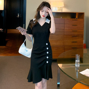 PS40045# 夏季法式小众名媛短袖连衣裙女神范气质赫本风立领小黑裙子