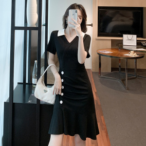 PS40045# 夏季法式小众名媛短袖连衣裙女神范气质赫本风立领小黑裙子