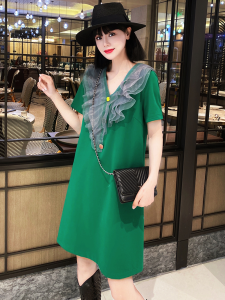 MY3003#时尚拼接网纱领口雪纺宽松短袖连衣裙