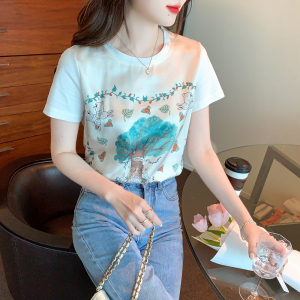 RM11639#夏季新款重磅真丝绸缎面t恤女短袖显瘦减龄印花大码短袖上衣