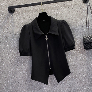 RM3049#夏装新款大码女装时尚百搭polo领设计感拉链上衣