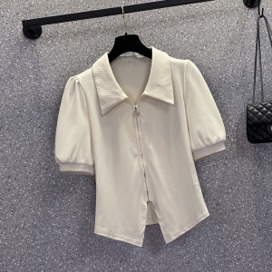 RM3049#夏装新款大码女装时尚百搭polo领设计感拉链上衣