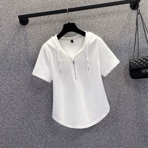 RM3048#夏季新款大码女装时尚休闲简约拉链连帽短袖T恤卫衣