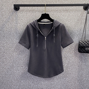RM3048#夏季新款大码女装时尚休闲简约拉链连帽短袖T恤卫衣