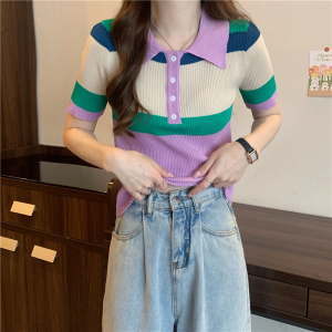 PS45634# 夏季新款韩版翻领彩色拼接修身短袖针织T恤上衣女 服装批发女装直播货源