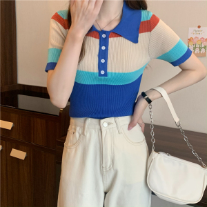 PS45634# 夏季新款韩版翻领彩色拼接修身短袖针织T恤上衣女 服装批发女装直播货源