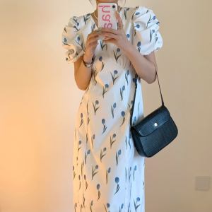 PS40704# 韩风温柔气质郁金香图案V领泡泡袖系带显瘦连衣裙两色 服装批发女装直播货源