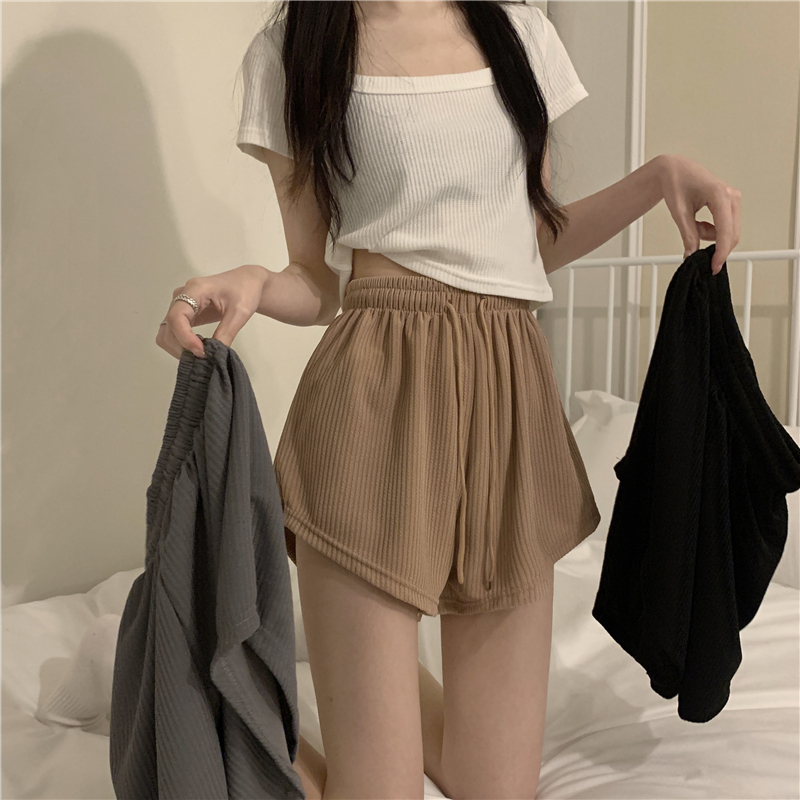 Actual shot of new summer high-waisted slimming loose casual drawstring sports shorts for women