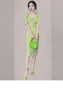 RM1778#法式名媛优雅气质包臀裙 夏季新款女装泡泡袖褶皱方领连衣裙