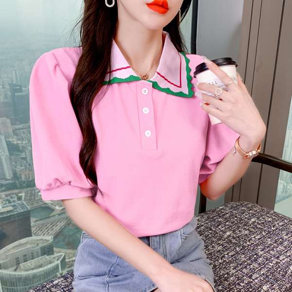 KM23995#夏季新款女装设计感小众POLO领粉色短袖t恤