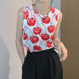 PS24974# 樱桃印花无袖T恤女夏 服装批发女装直播货源