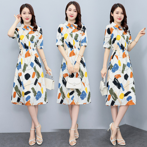 RM11469#夏季新款印花短袖连衣裙设计感小众气质收腰显瘦复古法式中裙
