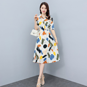 RM11469#夏季新款印花短袖连衣裙设计感小众气质收腰显瘦复古法式中裙