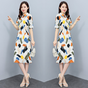 RM18879#法式涂鸦印花波西米亚连衣裙女夏薄款2023新款收腰花色休闲衬衫裙