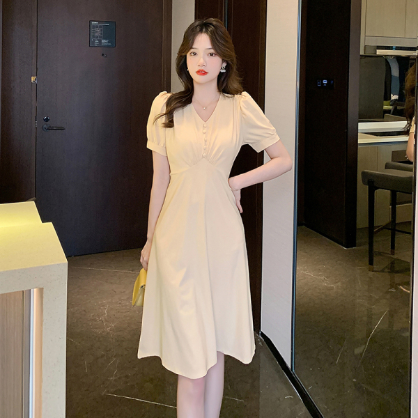 RM10680#夏季新款法式气质醋酸桔梗V领连衣裙别致设计感显白裙子