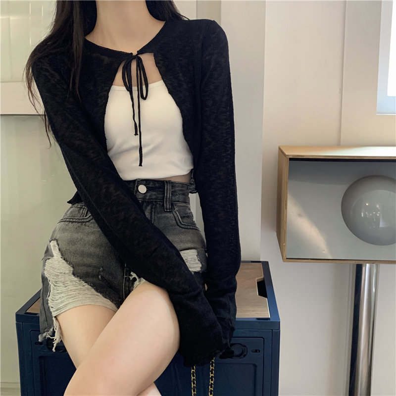 Real shooting and real price summer thin knitted sunscreen cardigan short outer top