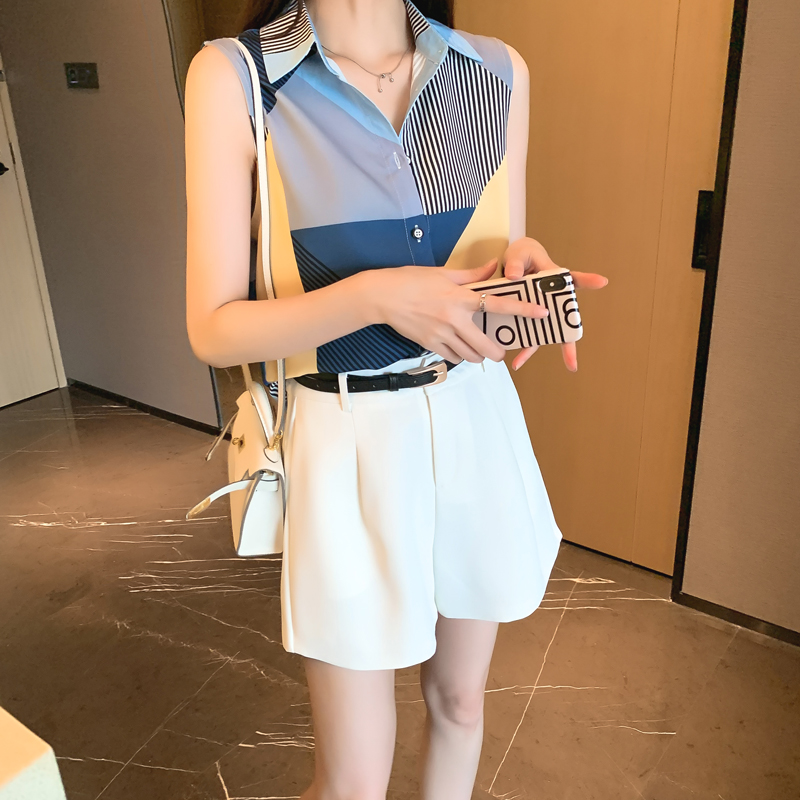 實拍洋氣拼接夏季坎肩背心女外穿襯衫無袖雪紡打底衫內搭上衣