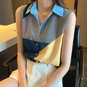 RM18812#洋气拼接夏季坎肩背心女外穿衬衫无袖雪纺打底衫内搭上衣