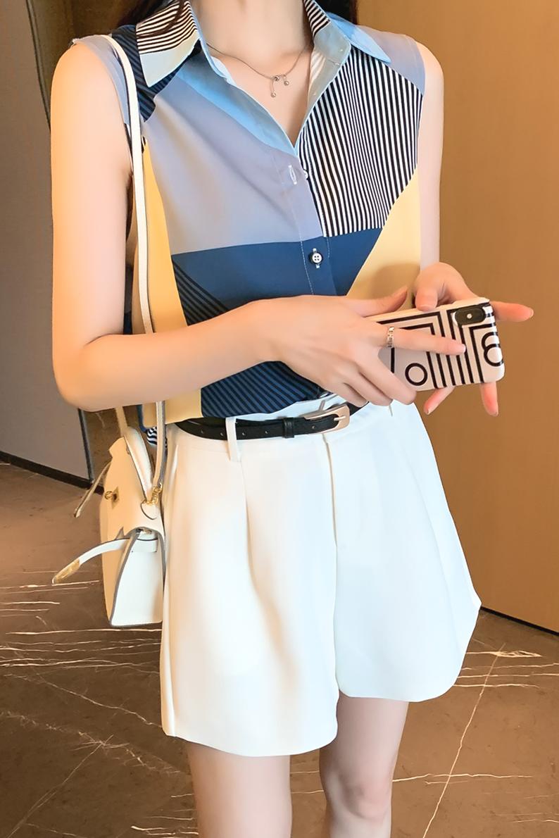 實拍洋氣拼接夏季坎肩背心女外穿襯衫無袖雪紡打底衫內搭上衣