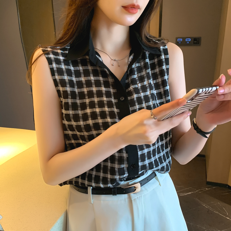 實拍洋氣格子夏季坎肩背心女外穿襯衫無袖雪紡打底衫內搭上衣