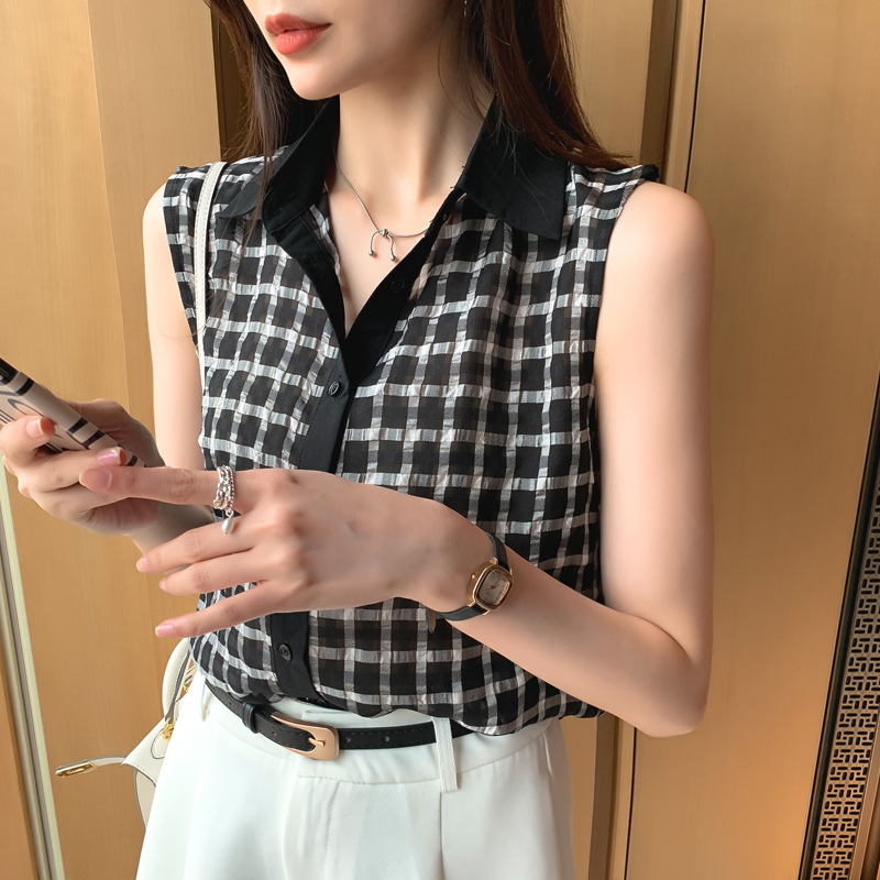 實拍洋氣格子夏季坎肩背心女外穿襯衫無袖雪紡打底衫內搭上衣