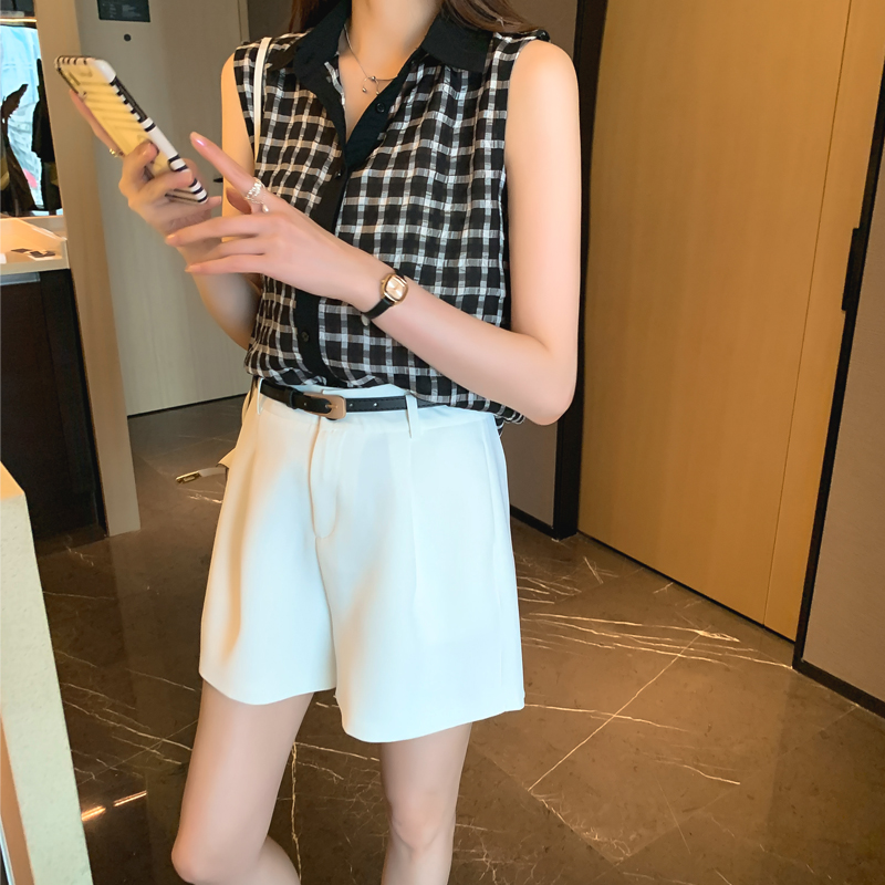 實拍洋氣格子夏季坎肩背心女外穿襯衫無袖雪紡打底衫內搭上衣