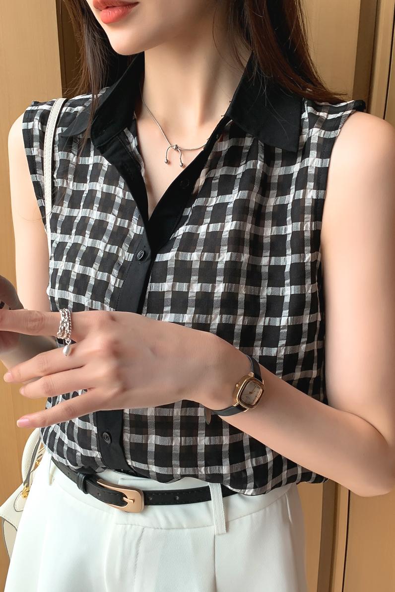 實拍洋氣格子夏季坎肩背心女外穿襯衫無袖雪紡打底衫內搭上衣