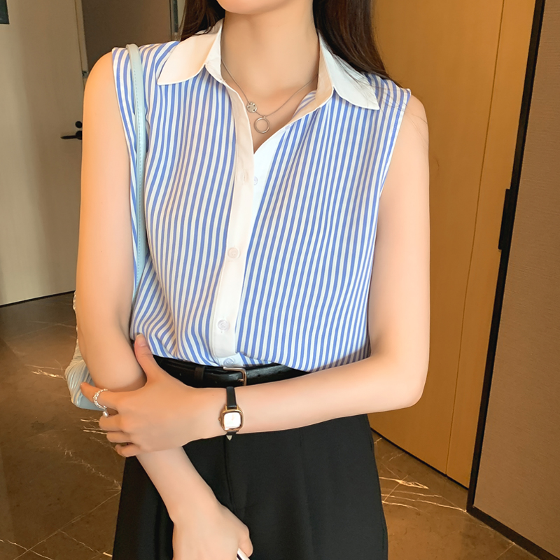 實拍洋氣條紋夏季坎肩背心女外穿襯衫無袖雪紡打底衫內搭上衣