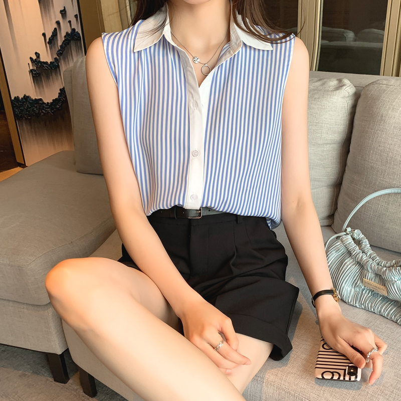 實拍洋氣條紋夏季坎肩背心女外穿襯衫無袖雪紡打底衫內搭上衣
