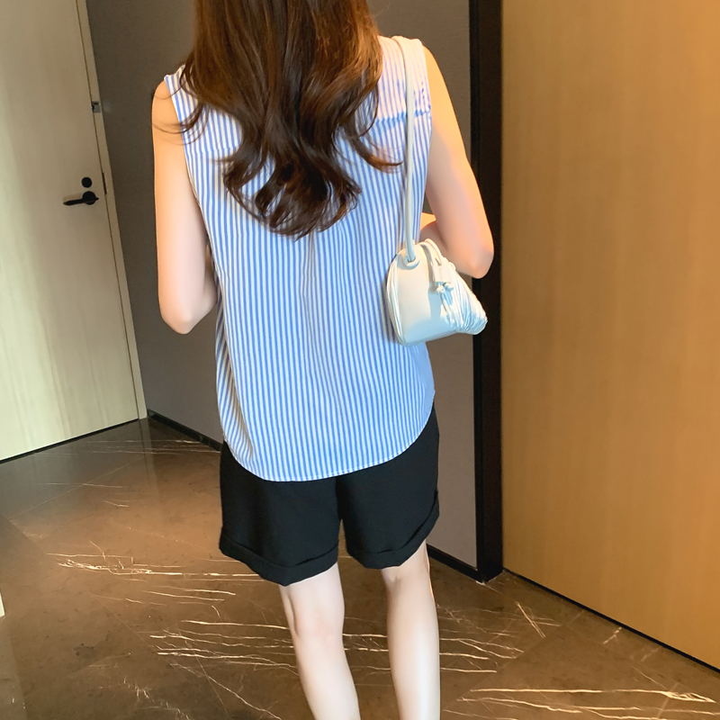 實拍洋氣條紋夏季坎肩背心女外穿襯衫無袖雪紡打底衫內搭上衣